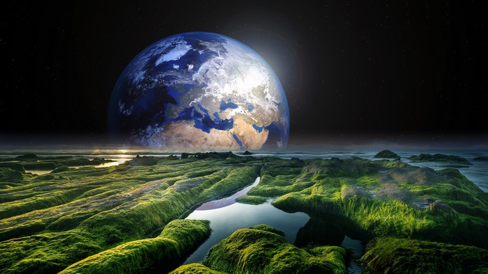 4K Fantasy Earth Over Mossy Rocks