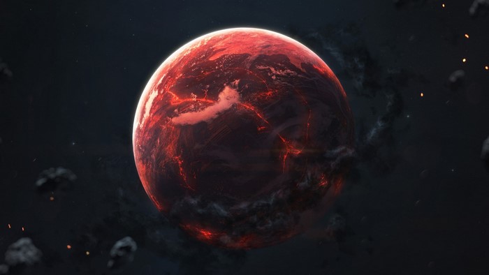Volcanic planet with lava flows in space