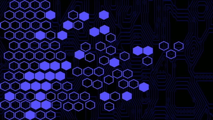 Blue Hexagons on Circuit Board Background