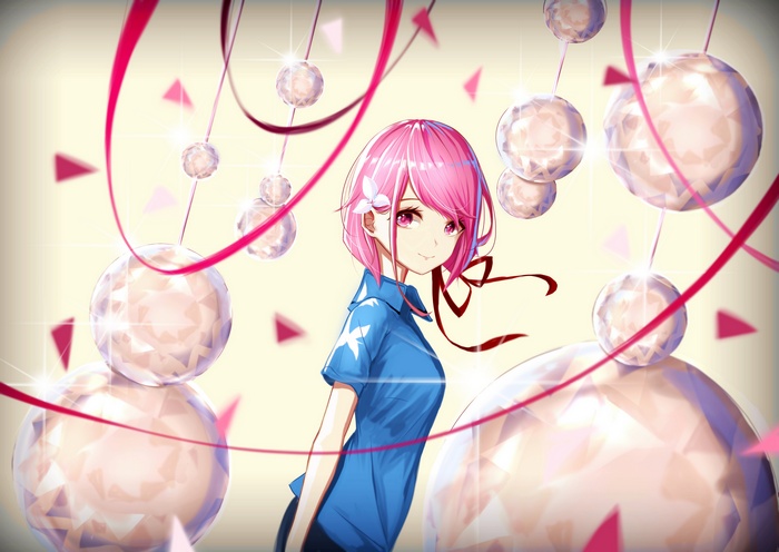 Anime girl with pink hair and blue shirt