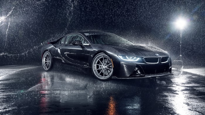 Black BMW i8 in the rain