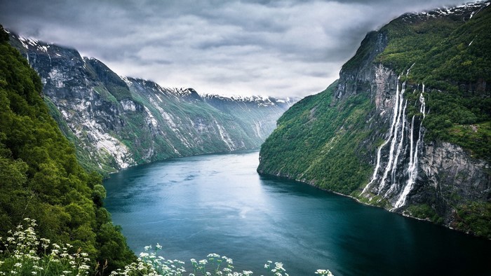 Norwegian fjords with waterfalls