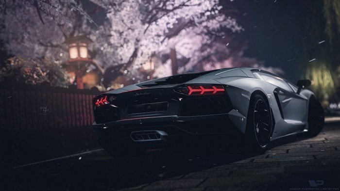 Lamborghini Aventador parked near cherry blossoms