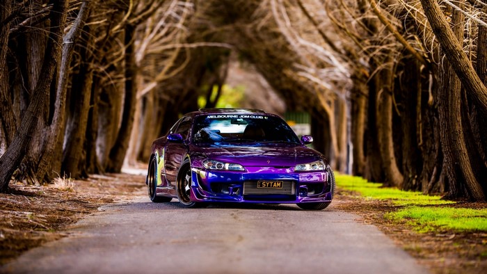Purple and blue Nissan Silvia S15 in a tree tunnel
