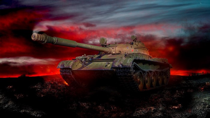 T-62a tank in a fiery landscape