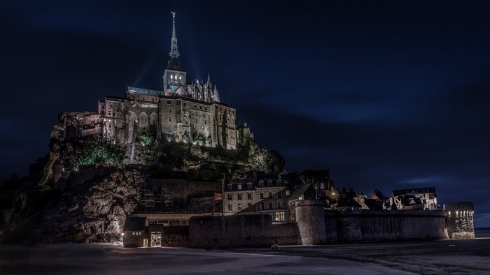 Mont Saint-Michel at night, France