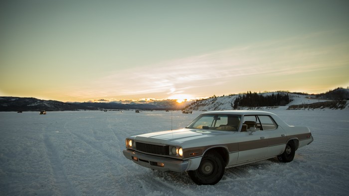 4K Dodge on a Frozen Lake at Sunset