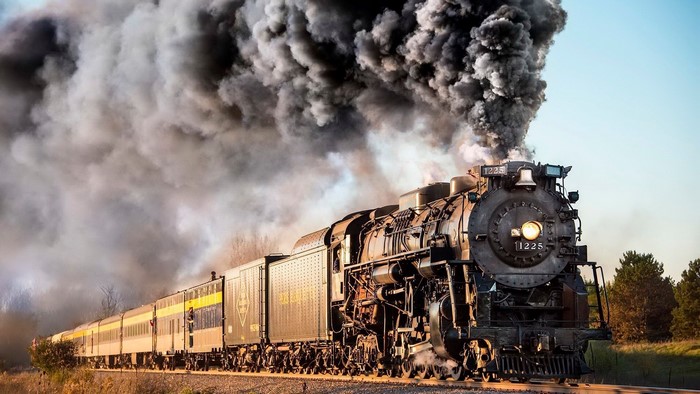 Pere Marquette 1225 steam locomotive with passenger cars