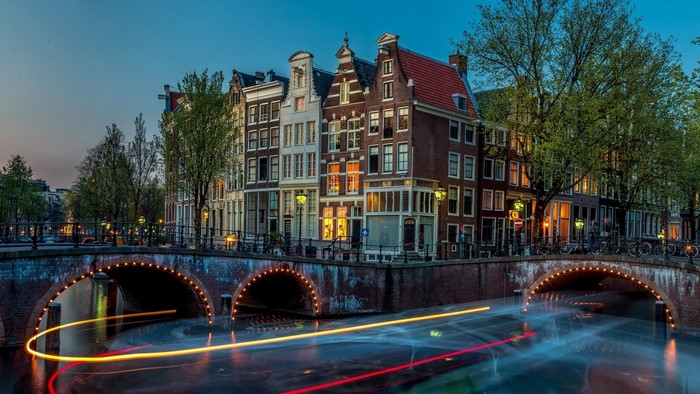 Amsterdam Canal Bridges and Buildings at Dusk