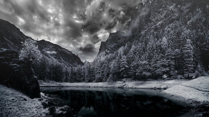 Black and White Mountain Lake with Forest