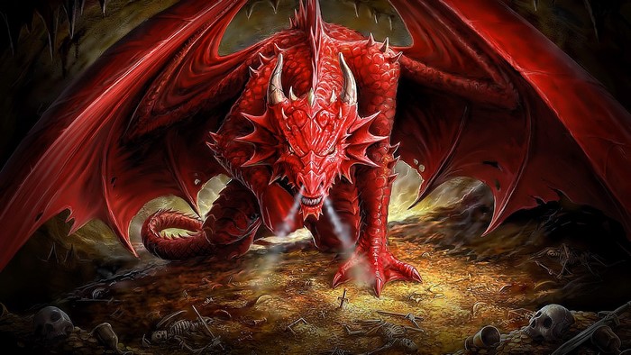 Red Dragon in a Cave with Skeletons