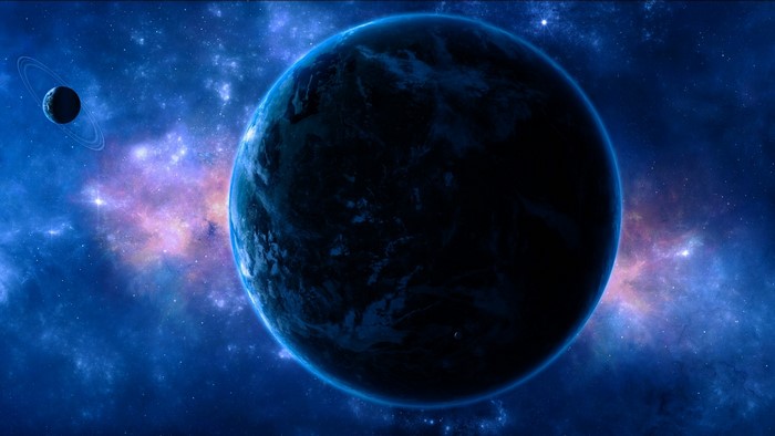 Planet with rings and nebula in space