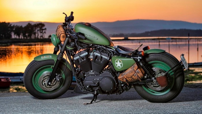 Green Harley Davidson Sportster Iron 883 motorcycle at sunset