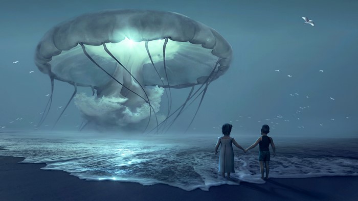 4K Fantasy Giant Jellyfish and Children on Beach