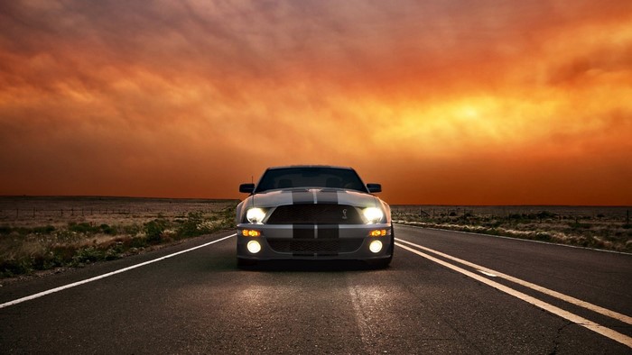 Ford Mustang Shelby GT500 on a road at sunset