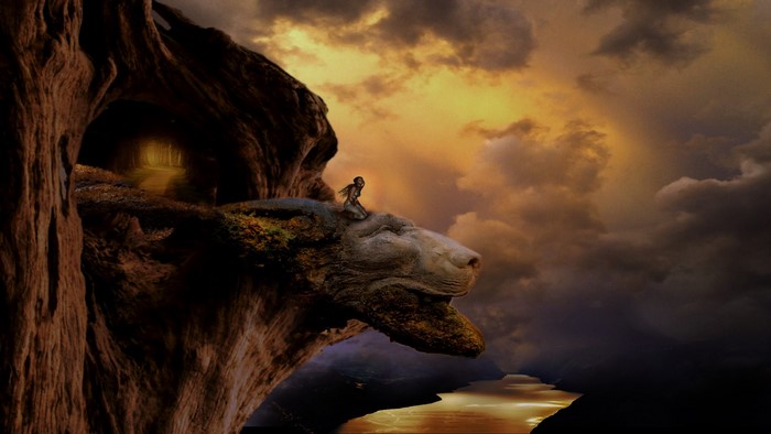 Fantasy landscape with a figure on a stone creature