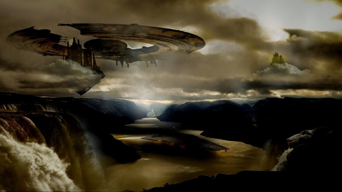 Alien mothership over a waterfall and river valley
