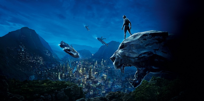 Black Panther in Wakanda with flying vehicles