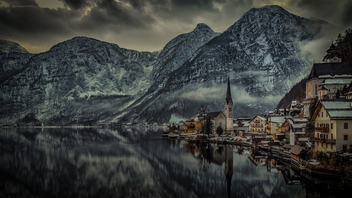 Hallstatt, Austria with snow-capped mountains