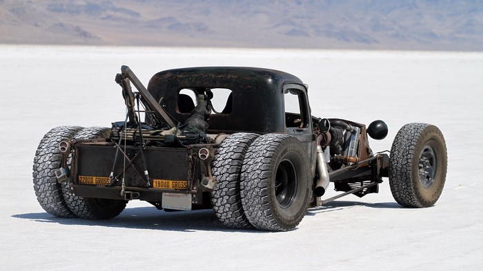 Rat Rod tow truck with dual rear wheels on salt flats