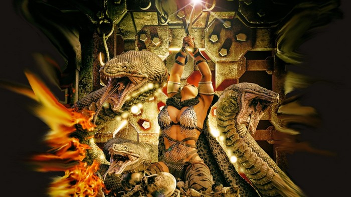 Woman fighting snakes with sword and fire