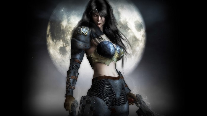 Woman in armor with guns under the moon