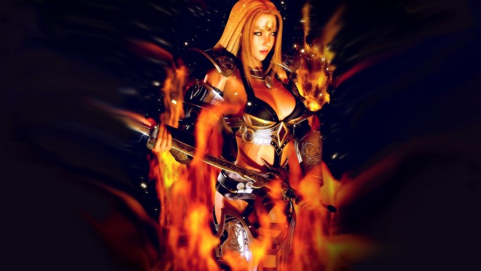 Woman in armor surrounded by fire