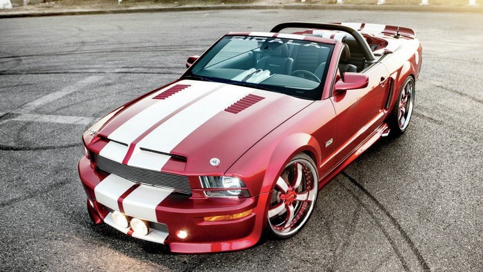 Red Ford Mustang GT Convertible with White Stripes