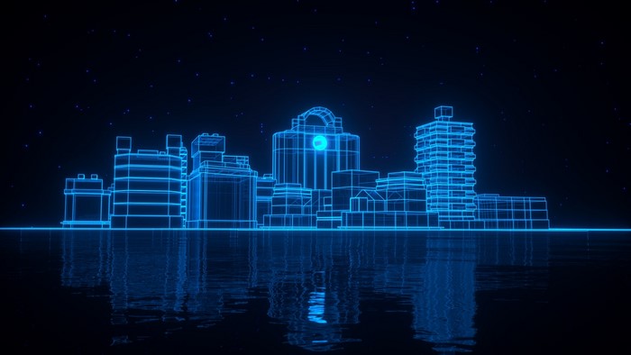 Blue wireframe city skyline with reflections