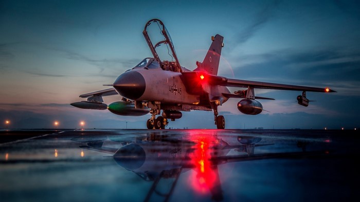 Panavia Tornado GR4 on wet tarmac at dusk