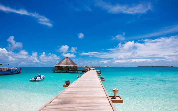 Wooden pier leading to a hut over turquoise water