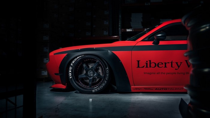 Red Dodge Challenger with Liberty Walk body kit