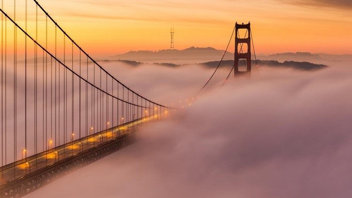 Golden Gate Bridge in Fog at Sunrise