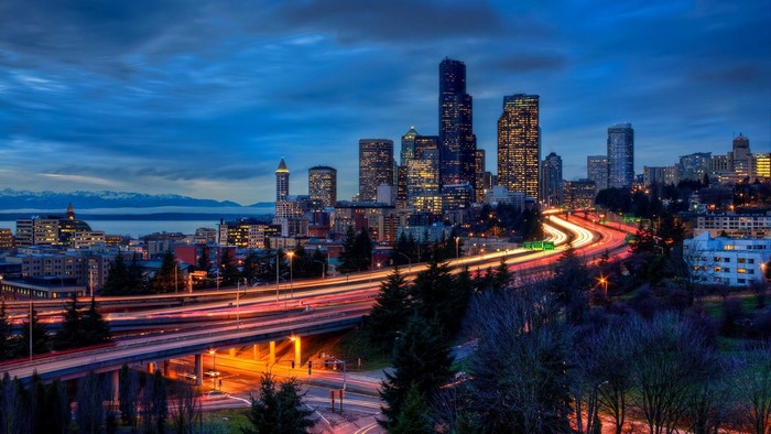 Seattle Skyline at Dusk with Mountains and Water