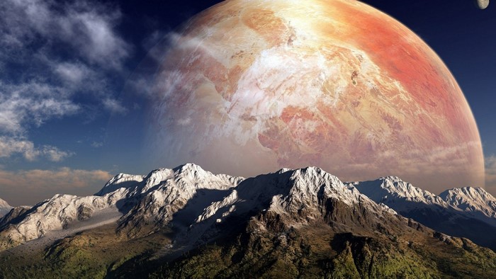 Alien Planet with Mountains and Large Planet