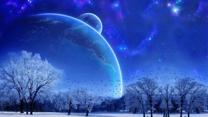Winter landscape with planets and starry sky