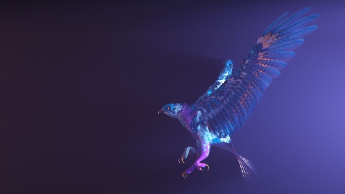 A stylized bird with blue and purple feathers in flight