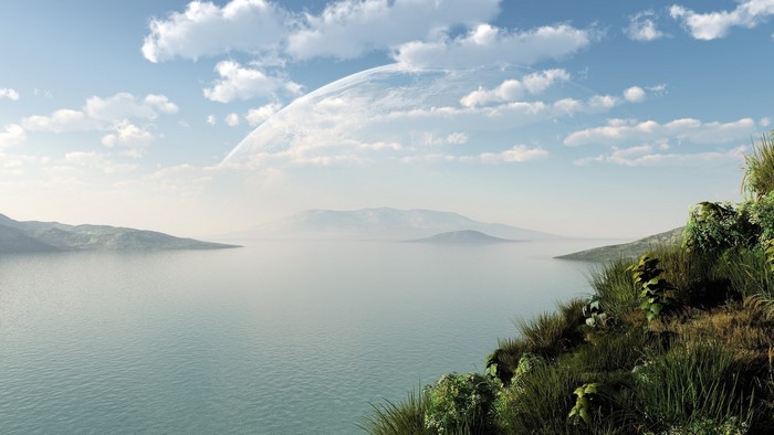 Alien planet landscape with large moon over water