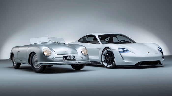 Porsche 356 and Porsche Mission E concept cars