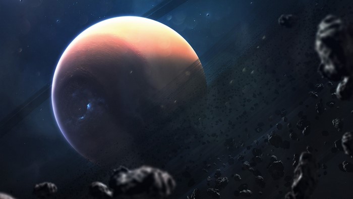 Planet with rings and asteroids