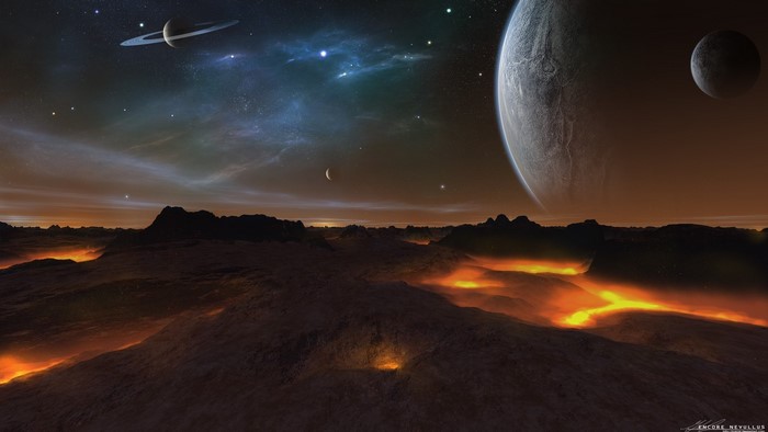 Alien planet with lava flows and ringed planet