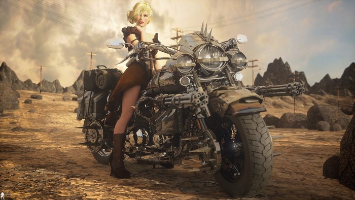 Post-apocalyptic woman with a weaponized motorcycle