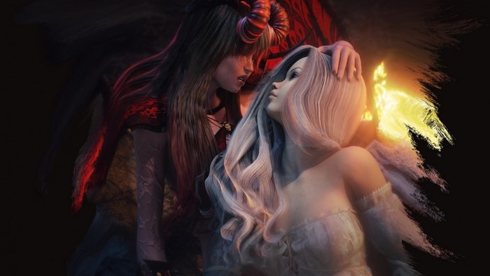 Angel and Demon with Fiery Wings