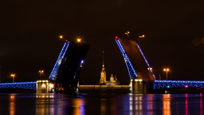 Drawbridge at night with Peter and Paul Fortress