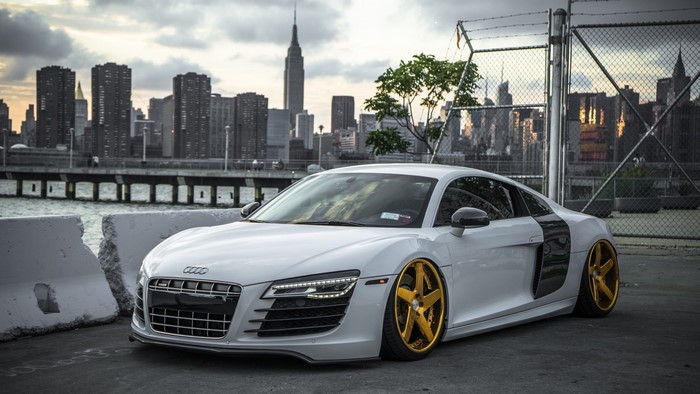 White Audi R8 with gold rims in New York City
