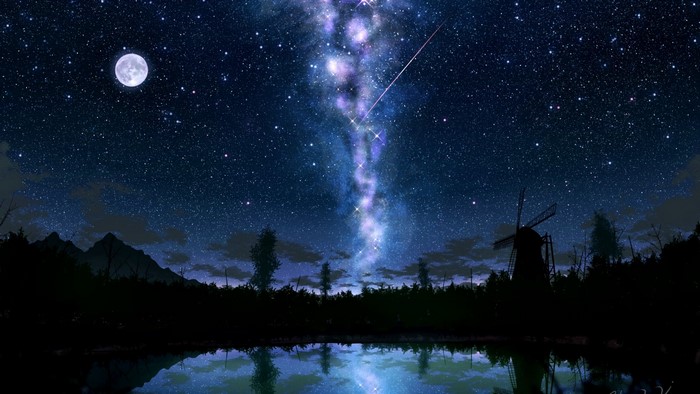 Milky Way over a lake with a windmill