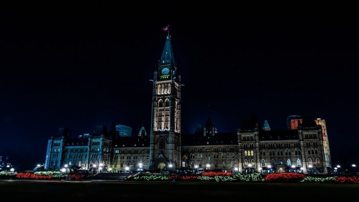 Parliament Hill at night with Christmas lights