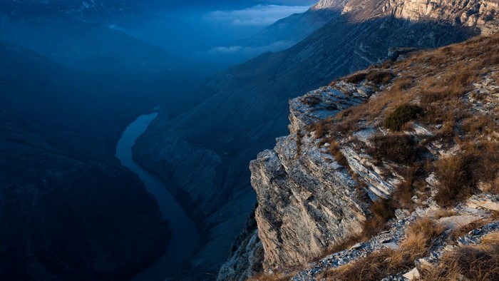 Canyon river in Dagestan at sunset
