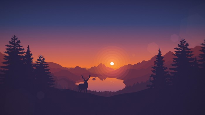 4K Sunset Over Mountains and Lake with Deer