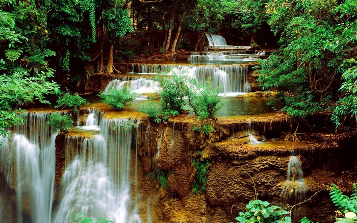 Tiered waterfall cascading through a lush green forest